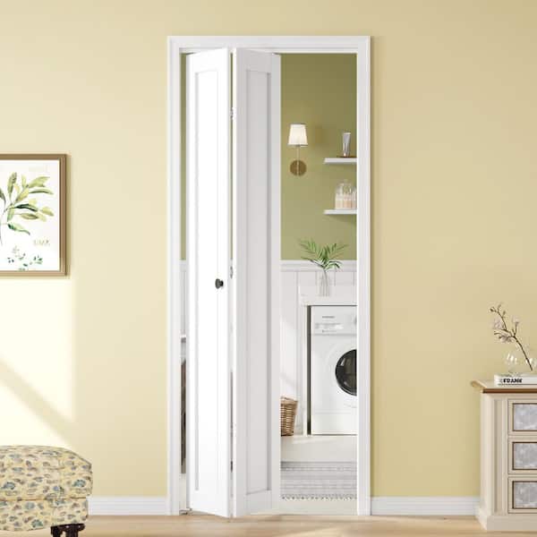 32 in. x 80 in. 1 Panel White Finished Solid Core MDF Wood Bi-Fold Door with Hardware