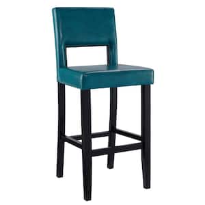 Edison Black Wood Frame Barstool with Blue Faux Leather Upholstered Seat and Back