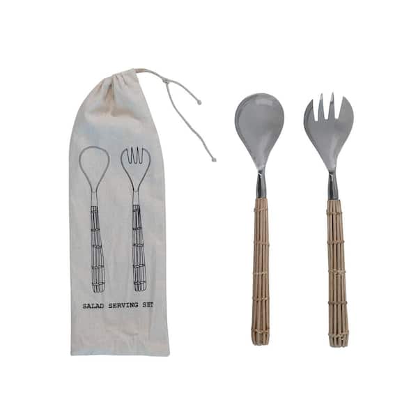 Storied Home 2-Piece Stainless Steel Salad Servers with Rattan Wrapped Handles