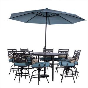 Montclair 9-Piece Steel Outdoor Dining Set with Ocean Blue Cushions, 8 Swivel Chairs, 60 in. Table and Umbrella
