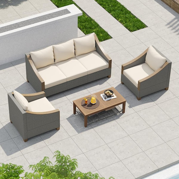 Zeus & Ruta 4-Piece Wicker Outdoor Conversation Sofa Set with Wooden Coffee Table and Beige Cushions for Patio, Garden and Backyard