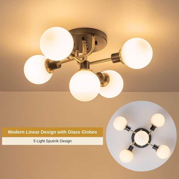 HUOKU Ceder 5-Light 21.3 in. W Black and Brass Semi-Flush Mount