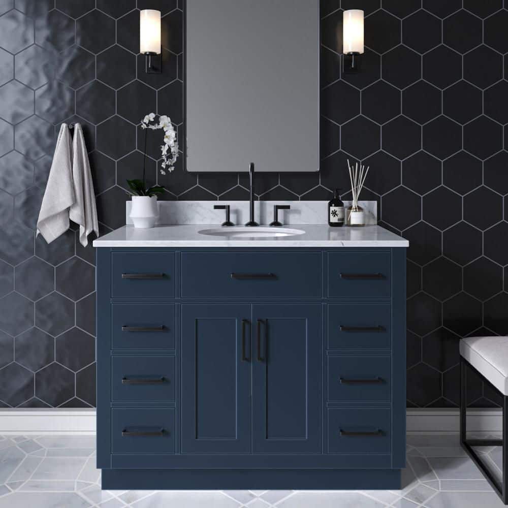 Hepburn 42 in. Single Sink Freestanding Bathroom Vanity in Midnight Blue with 0.75 in. Carrara White Marble Top price history on PriceWatchPro