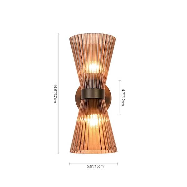 Nimbus 2-Light 5.9 in.W Rusty Brown Wall Sconce with Cone Amber Glass Up & Down Lighting for Living Room (1-Pack)