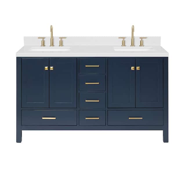 Cambridge 60 in. Double Sink Freestanding Bathroom Vanity in Midnight Blue with Carrara White Quartz Top