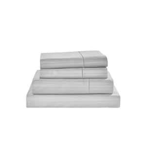 Damask Stripe 4-Piece Silver Cotton King Sheet Set