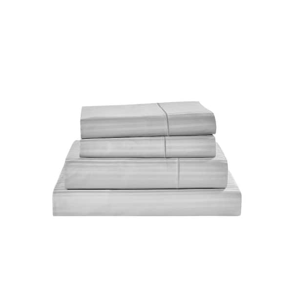 Damask Stripe 4-Piece Silver Cotton King Sheet Set