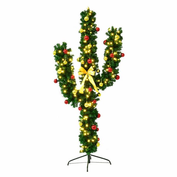 6 ft. Pre-Lit Cactus Artificial Christmas Tree with LED Lights and Ball Ornaments
