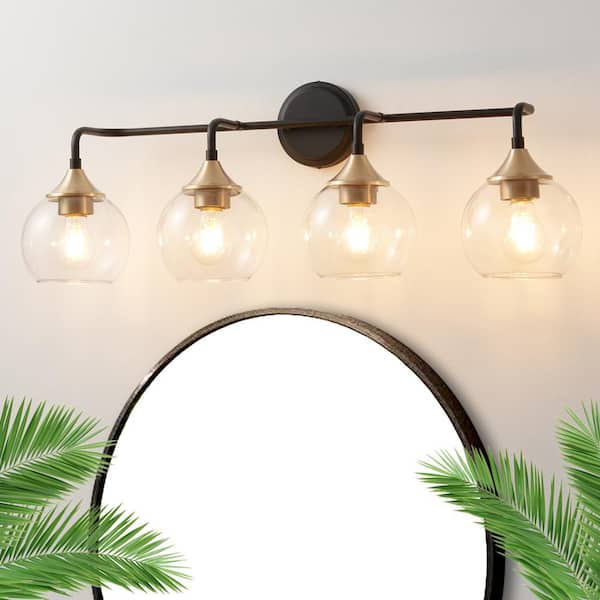 Deyidn 31 in. 4-Light Black and Gold Vanity Light with Clear Glass Shade