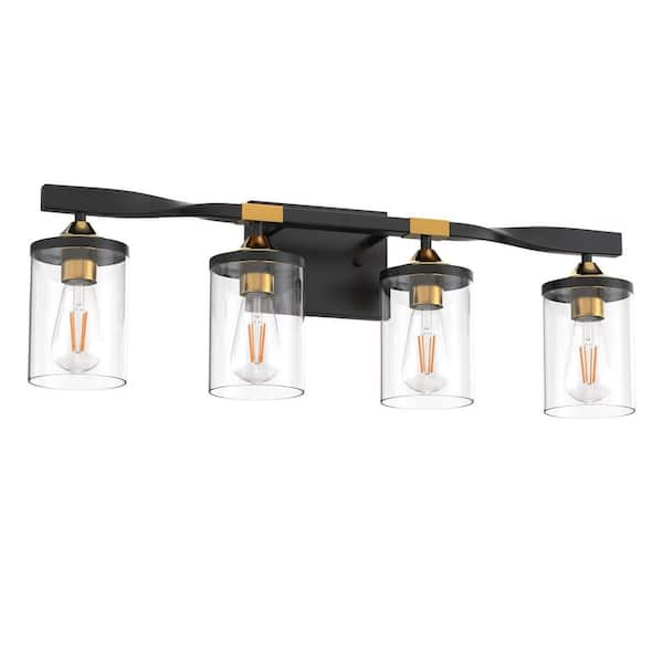 YANSUN 26 in. 4-Light Black and Gold Vanity Light, Clear Glass Cylinders for Elegant Bathroom Lighting