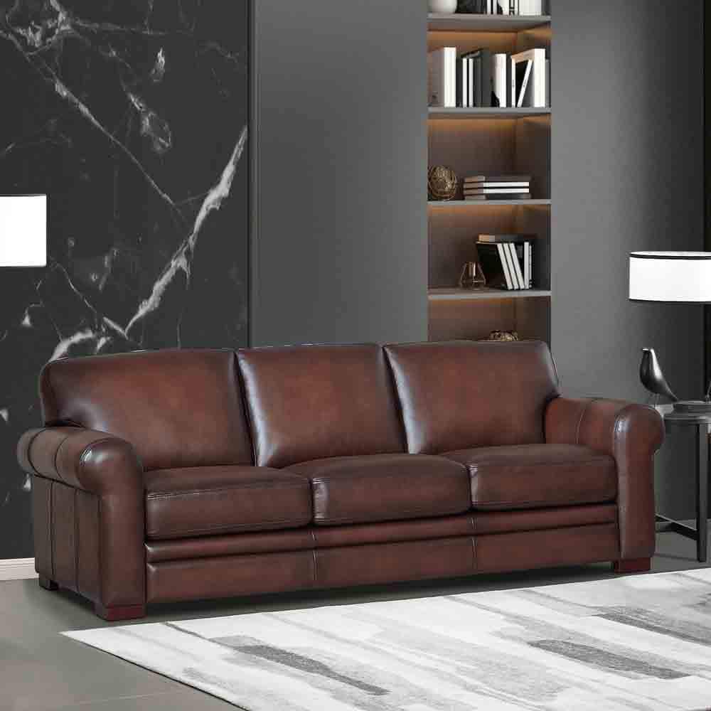 95'' Caramel Brown Leather Sofa with Solid Wood Frame