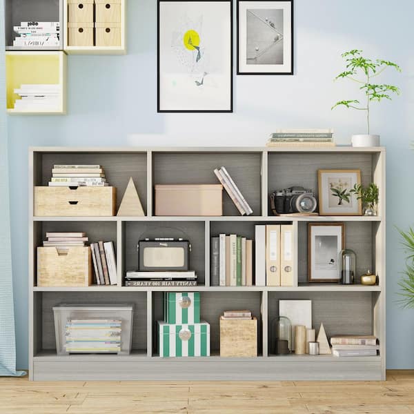 FUFU&GAGA 40.9 in. Tall x 55.1 in. W Gray Wood 10-Shelf Freestanding Standard Bookcase Display Bookshelf With Cubes