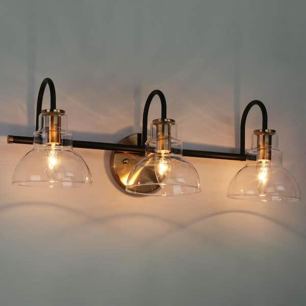 22.5 in. 3-Light Brass Gold Bathroom Vanity Light, Barn Clear Glass Bath Lighting, Modern Black Indoor Wall Sconce
