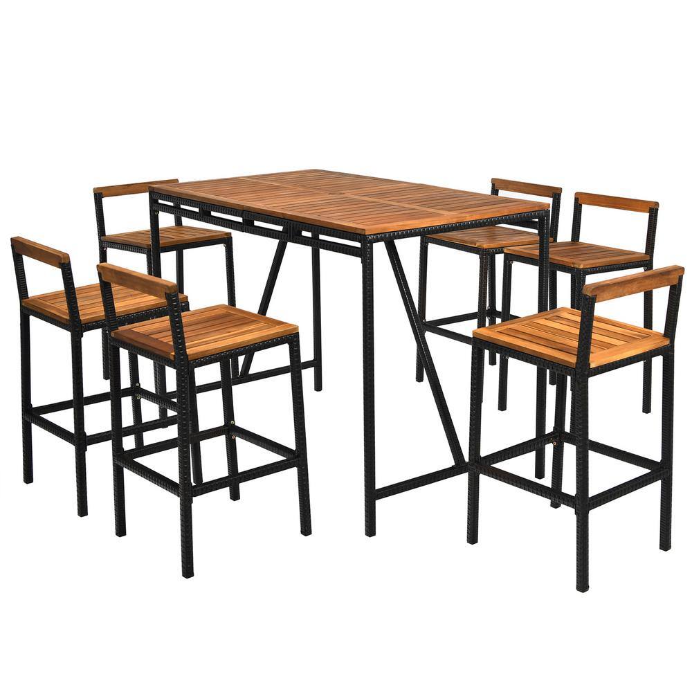 Gymax 7Piece Acacia Wood Outdoor Dining Set PE Rattan Patio Bar Set