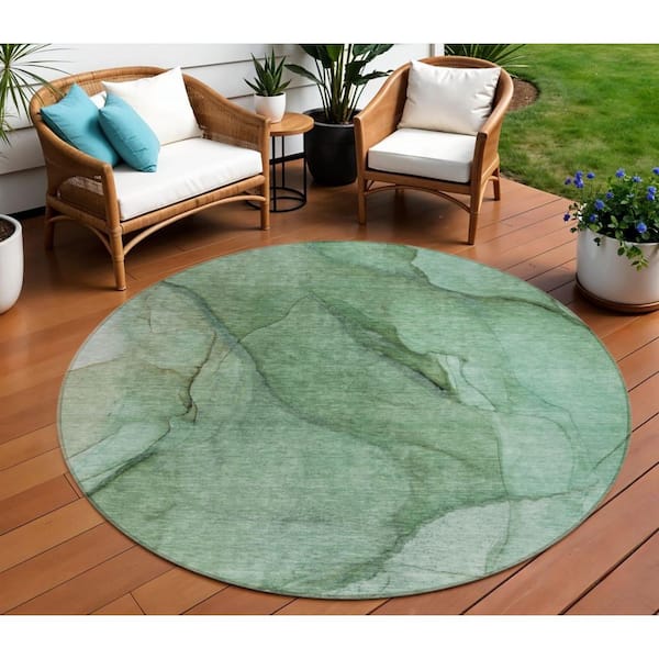 Green, Sage 8 ft. Round Woven Abstract Polyester Round Indoor/Outdoor Area Rug