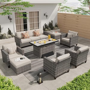 Milan Gray 8-Piece Wicker Outdoor Patio Rectangular Fire Pit Seating Sofa Set and with Beige Cushions