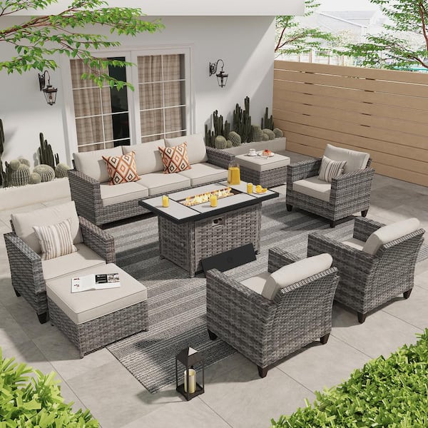 XIZZI Milan Gray 8-Piece Wicker Outdoor Patio Rectangular Fire Pit Seating Sofa Set and with Beige Cushions