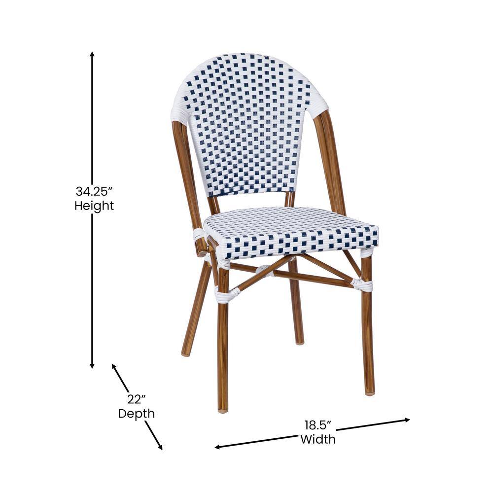 White and Navy Checkered PE Rattan Armless Side Chairs