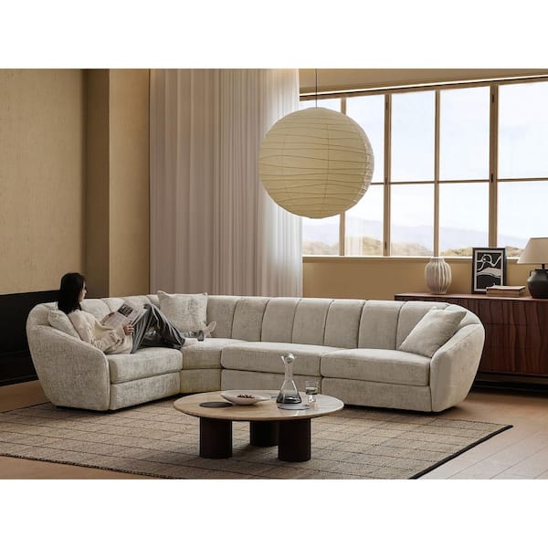 Modern 127 in. Wide Slope Arm Chenille Fabric L-Shaped Sectional Sofa Scallop Sofa 4 Seats in. Light Brown