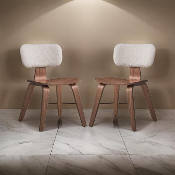 Benjara Walnut White and Brown Dining Chair with Curved White Boucle (Set of 2)