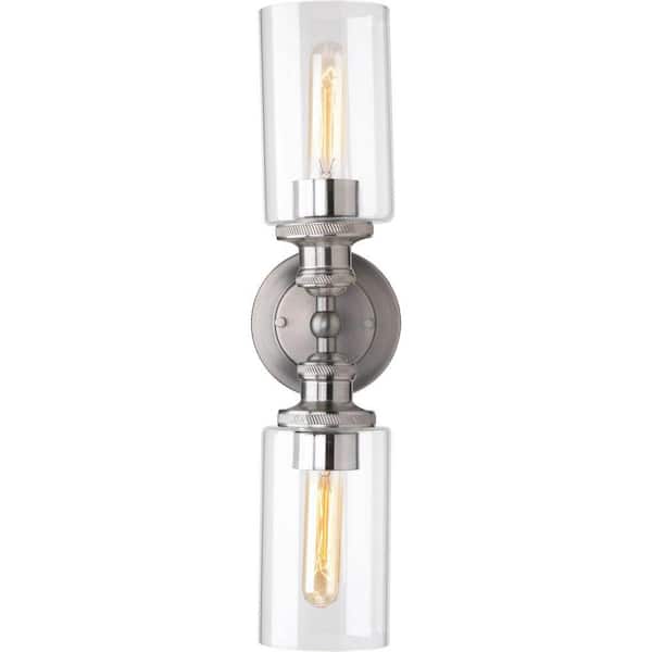 Archives Collection 18-1/2 in. 2-Light Antique Nickel Etched Fluted Glass Farmhouse Bathroom Vanity Light