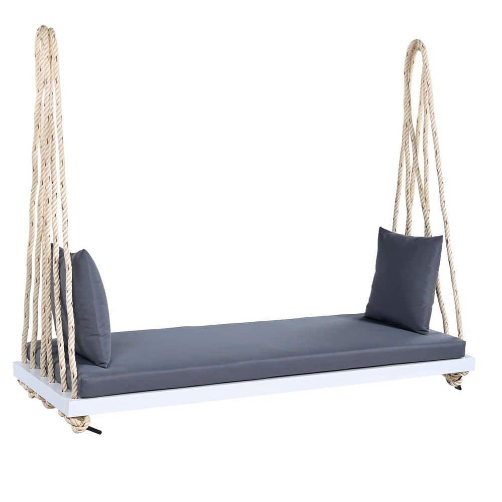 2-Person White Wood Patio Swing, Hanging Porch Swing Bench with Gray Cushion, 10.8 ft. Hemp Ropes and Pillows price history on PriceWatchPro