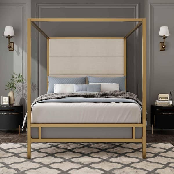 Gold/Tan Wood Frame Queen Canopy Bed with Tall Linen Upholstered Headboard, Metal 4-Poster Bed Frame