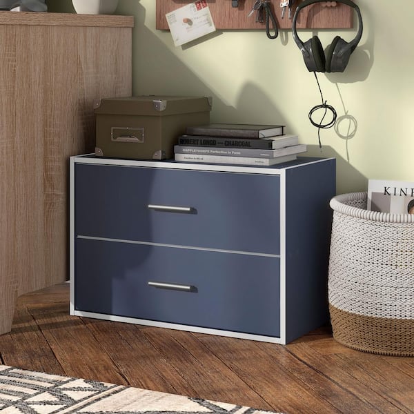 Furniture of America Quincy 15.74 in. Tall Stackable Steel Blue Engineered Wood Modern Modular Cabinet Bookcase With 2 Drawers