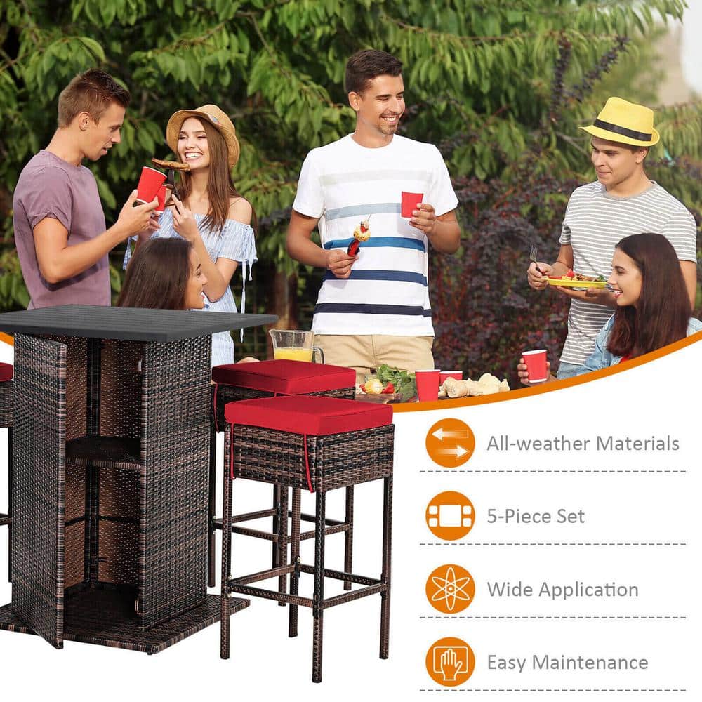 Red Cushioned 5-Piece Brown Wicker Outdoor Bar Set with Storage