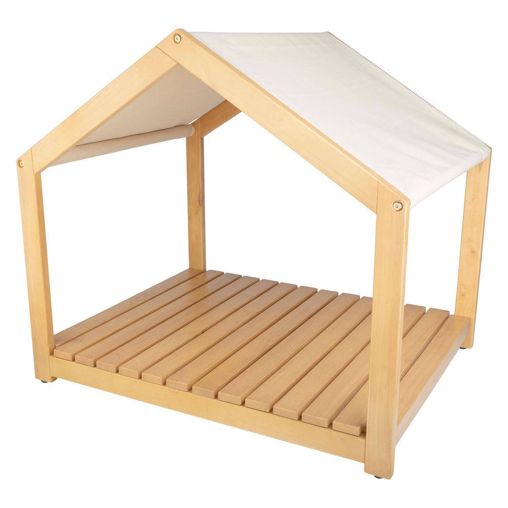Small Natural Wood Indoor Dog House with Cushion and Canopy