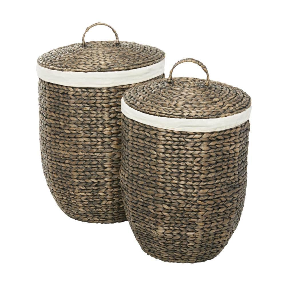 Traditional Seagrass Round Storage Basket with Lid - Dark Brown