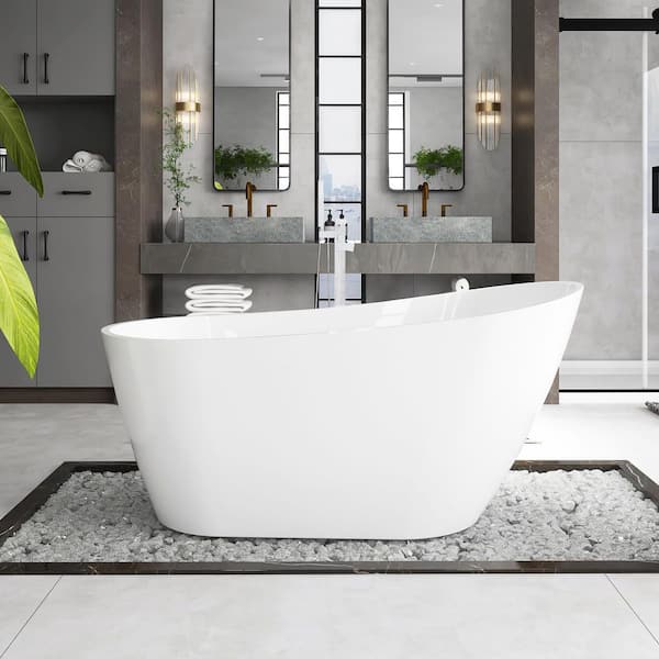 59 in. x 31 in. Acrylic Freestanding Soaking Bathtub with Overflow and Drain Glossy White