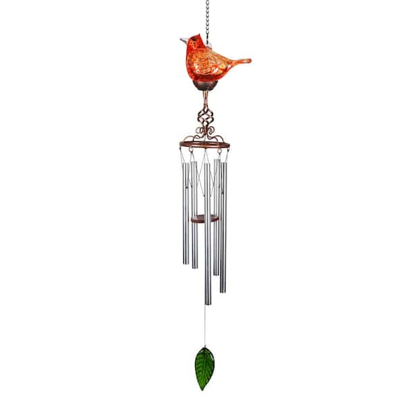 Exhart Solar Red Cardinal with Finial, 6 in. x 44 in. Glass Wind Chimes