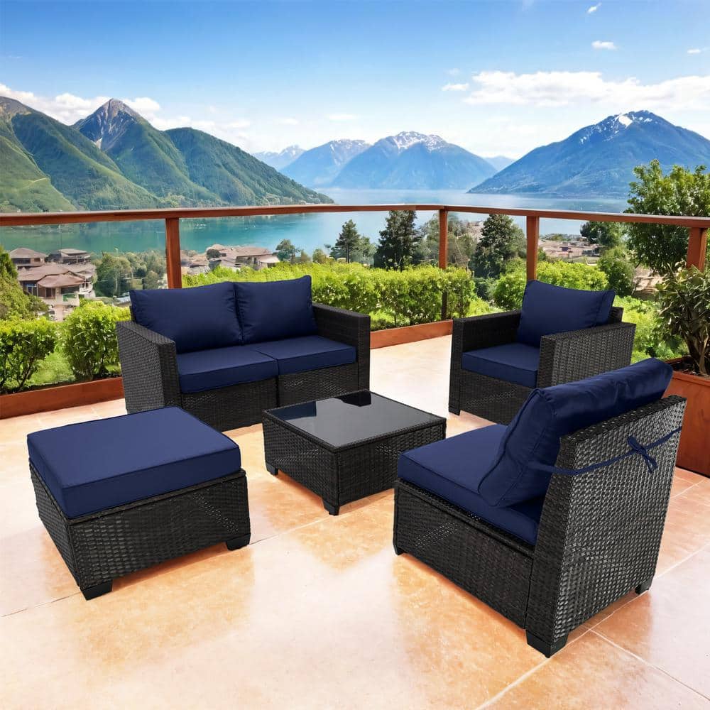 Brown 6-Pieces Wicker Outdoor Fabric Sofa Sectional Set with Peacock Blue C