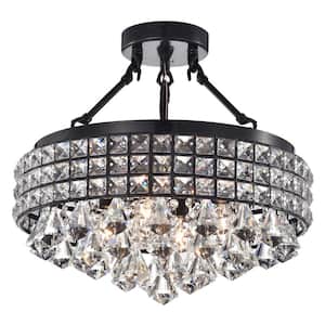 Alyvia 15 in. 4-Light Black Crystal Drum Shade Semi-Flush Mount with Cascading Crystal Strands