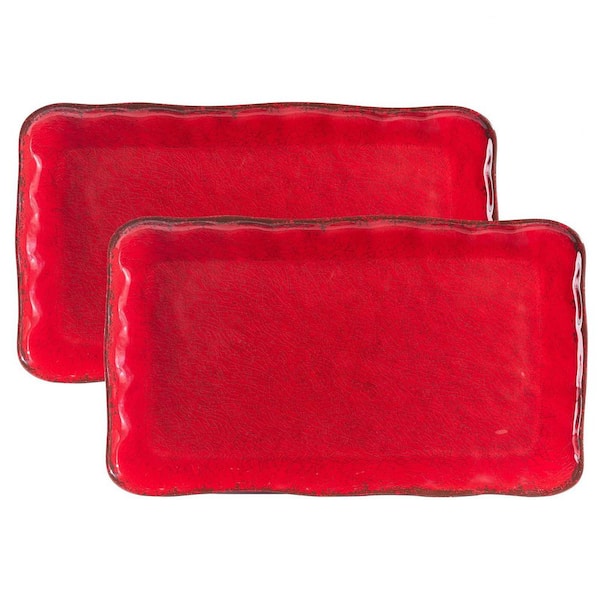 Set of 2 Farmhouse Melamine Serving Platters, 17.5 x10 in. Red Rustic Rectangle Vintage Serving Trays