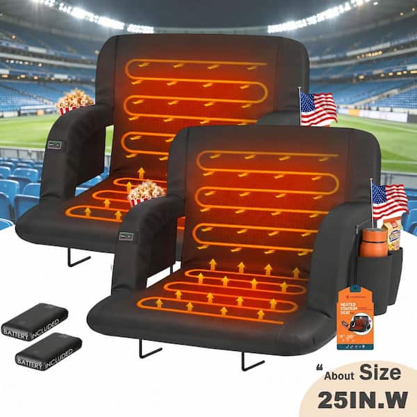 Black 25 in.W Heated Stadium Seats for Bleachers with 20000mAh Power Bank Included Stadium Seating (2-Pack)