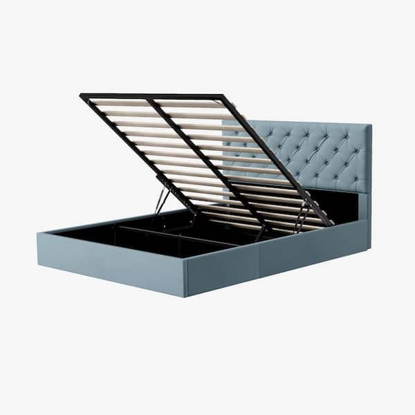 Aqua Blue Frame Full Size Upholstered Platform Bed with Lift-up Storage Supported by Metal and Wooden Slats