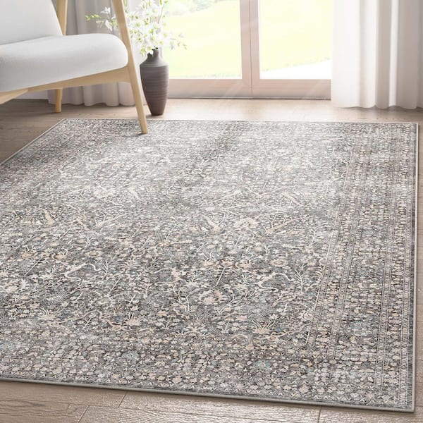 Gray 7 ft. 7 in. x 9 ft. 10 in. Flat-Weave Asha Isolde Vintage Oriental Botanical Area Rug