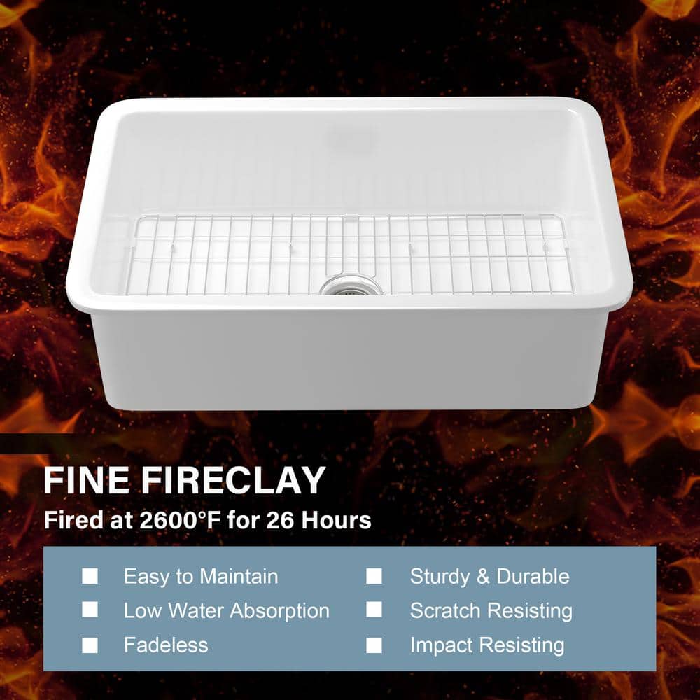32'' White Fireclay Single Bowl Undermount Kitchen Sink