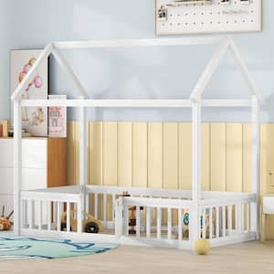 White Wash Twin Size Wood House Bed with Fence and Door