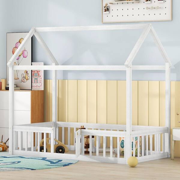 Harper And Bright Designs White Wash Twin Size Wood House Bed With Fence