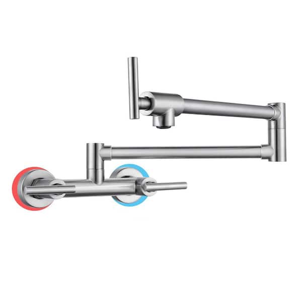 Wall Mounted Brass Pot Filler Folding Faucet with Double Joint Swing Arms and Hot Cold Water in Brushed Nickel