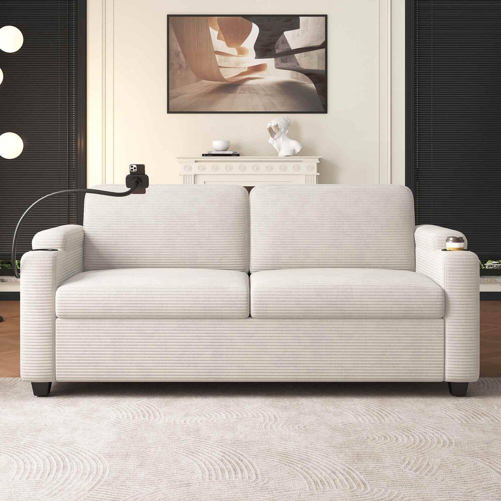 72.8 in. Square Arm Corduroy Square with Full Size Mattress,USB Ports,Cup Holders and Side Pockets Sofa in Beige