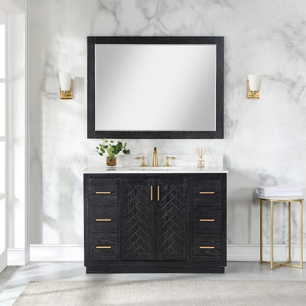Altair Gazsi 48 in. W x 22 in.D x 34 in. H Single Sink Bath Vanity in Black Oak with White Composite Stone Top and Mirror