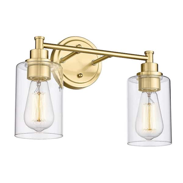 JAZAVA 14.3 in. 2-Light Gold Vanity Light Over Mirror with Clear Glass Shade