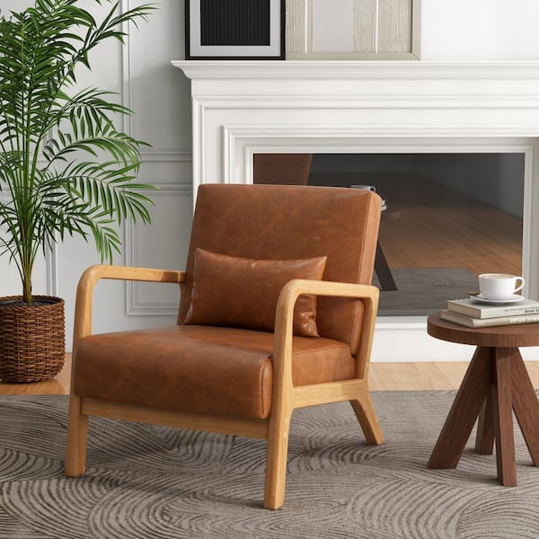 Uixe Mid-Century Light Brown Wood Frame Faux Leather