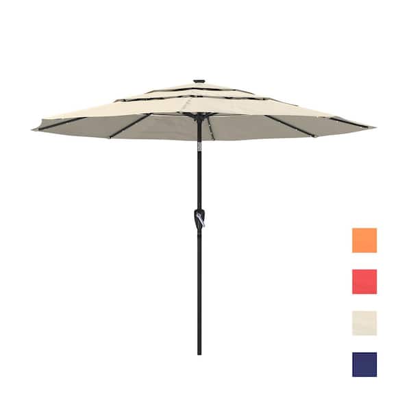 Mondawe 11 ft. Market Patio Umbrella 3-Tiers Crank and Tilt Outdoor Umbrella in Tan with LED Lights
