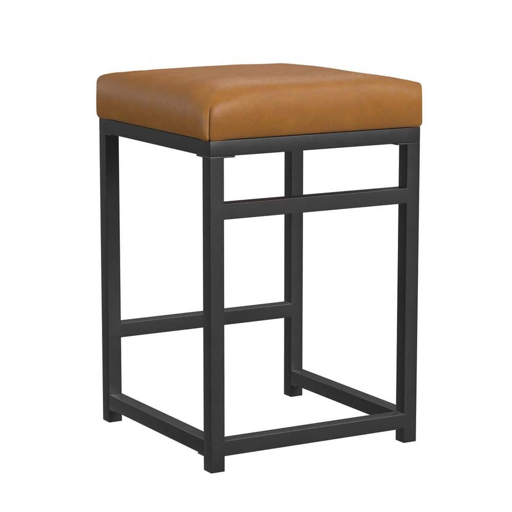 24" Black Metal Counter Height Stool with Carmel Faux Leather Seat