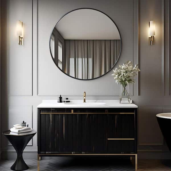 Black 42 in. W x 42 in. H Farmhose Round Metal Framed Wall Mirror